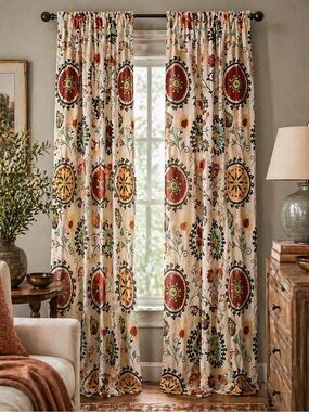 WORLD MARKET Suzani 2-pcs Floral Medallion Lined Curtain Cotton Panels#12302510